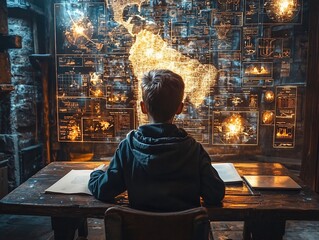 Poster - Student Surrounded by Futuristic Holograms Exploring Knowledge and Perspectives