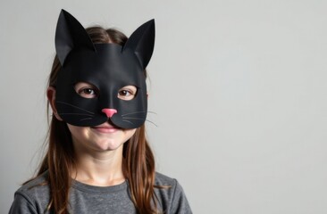 Wall Mural - On the left is a portrait of a teenage girl wearing a black paper cat mask covering her face. On the right is an empty space for text. Light gray monochromatic background