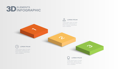 3 steps, option or levels infographic design with 3d or isometric squares and business icons. Modern elements for presentation, workflow layout, timeline infographics.