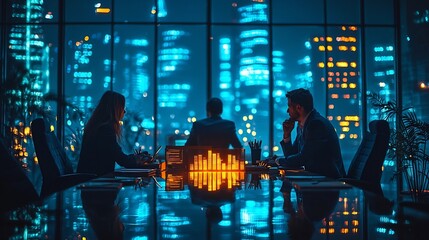 Poster - business professionals collaborating with futuristic holographic charts in modern urban office