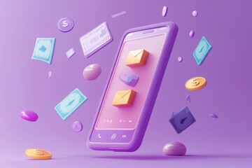 Poster - Vibrant purple mobile phone displaying financial and communication icons