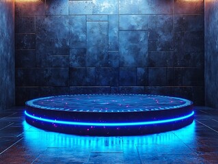 Poster - futuristic glowing glass podium with neon blue lights in cyber themed digital background for product