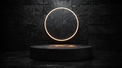 Poster - elegant matte black podium with glowing white halo for modern product display concept