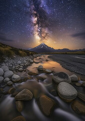 Stunning night sky with the Milky Way stretching across a starry backdrop. Ideal for nature and astronomy themes.