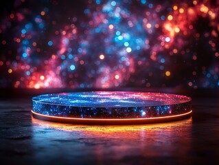 Poster - Glowing Glass Podium with Vibrant Swirling Galaxy Background Showcasing Infinite Cosmic Luxury