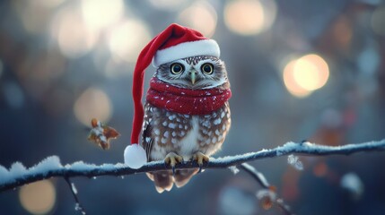 Poster - Adorable Little Owl in Santa Hat and Scarf, Festive Winter Wonderland Scene, Christmas Bird Photography