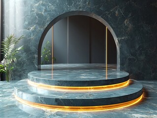 Poster - Transparent Glass Podium with Glowing Light Edges Against Sleek Marble Wall Background for Modern Luxury Product Display and Concept Copy Space