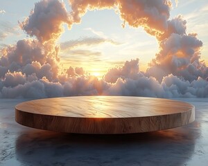 Poster - Floating Wooden Podium Illuminated by Natural Sunlight Against Soft Cloudy Sky Background for Product Showcase
