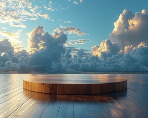 Poster - Floating Wooden Podium Illuminated by Natural Light Against Soft Rolling Clouds and Blue Sky Background