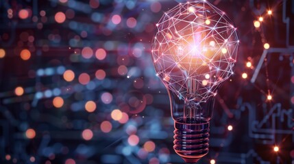 Poster - a light bulb with a complex digital network inside against a dark technological background. artifici