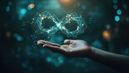 Poster - A Hand Holding a Glowing Infinite Symbol Representing Limitless Possibilities and Connectivity in a Digital World of Technology and Innovation