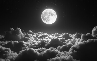 Naklejka na meble A mystical night sky with a glowing full moon surrounded by drifting clouds, creating a magical and serene atmosphere in the natural landscape.