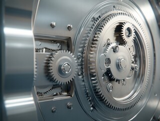 Poster - Close-up of Intricate Metallic Gears and Mechanisms Inside a Large Vault Door, Displaying Precision Engineering and Technical Complexity for Security Applications