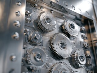 Poster - Close-Up View of Intricate Mechanical Gears and Cogs in a Metallic Surrounding, Showcasing Precision Engineering and Complex Design Elements in Machinery