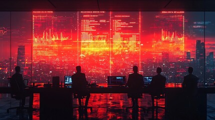 Poster - Futuristic Boardroom Executives Discussing Risk Management with Holographic Data Visualizations