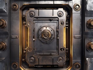 Poster - Detailed close-up view of a metallic vault door with intricate mechanisms, gears, and a futuristic design, showcasing elements of security and technology aesthetics