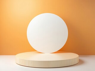 Poster - A minimalistic display featuring a white circular object on a wooden base against a warm orange background.