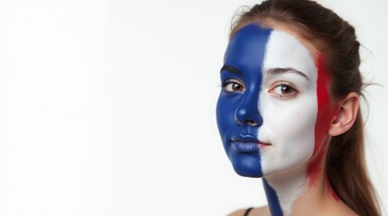 Wall Mural - Woman with French flag face paint, composed expression, exhibiting national pride