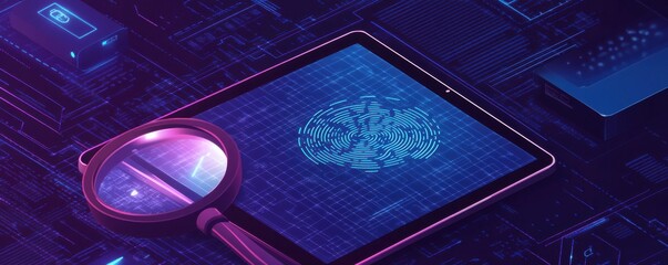 Poster - Isometric illustration of biometrics on a digital tablet with magnifying glass