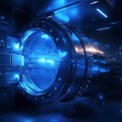 Poster - Futuristic Energy Cylinder with Blue Glow and High-Tech Design Inside a Sci-Fi Environment for Advanced Technology Concepts