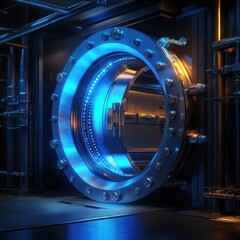 Poster - Futuristic Safe Door with LED Lighting and Metallic Finish, Showcasing Intricate Design and Advanced Locking Mechanism in a High-Tech Environment