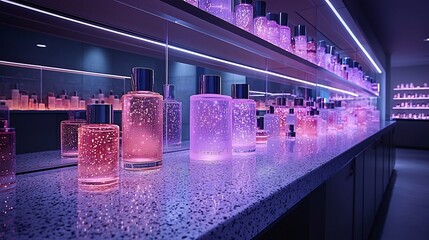 Poster - futuristic skincare lab with glowing holographic screens analyzing personalized complexion for custo