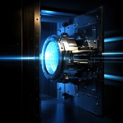 Poster - High-tech futuristic machine with glowing elements and blue beam, showcasing advanced engineering and innovative technology inside a dark environment