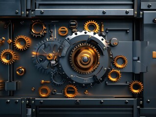 Poster - Intricate Arrangement of Industrial Gears and Cogs Creating a Dynamic Mechanical Aesthetic Against a Dark Metallic Background