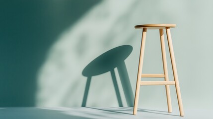 Poster - simple wooden stool casting a shadow against a textured backdrop in soft light
