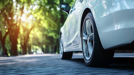 modern white car parked near a park on a sunny day