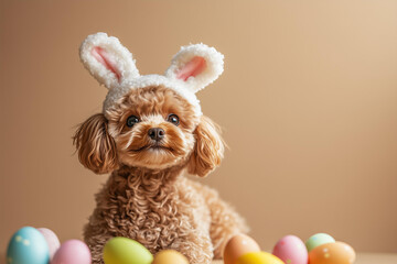 Wall Mural - brown maltipoo dog wearing easter bunny costume on a solid beige studio background with easter eggs 