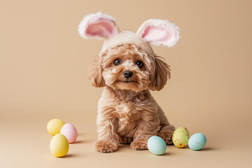 Wall Mural - brown maltipoo dog wearing easter bunny costume on a solid beige studio background with easter eggs 