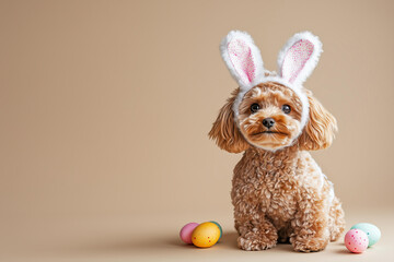 Wall Mural - brown maltipoo dog wearing easter bunny costume on a solid beige studio background with easter eggs 