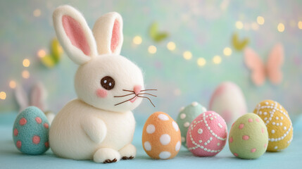 Wall Mural - cute, colorful felt easter eggs and bunny on a pastel background.