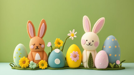Wall Mural - cute, colorful felt easter eggs and bunny on a pastel background.