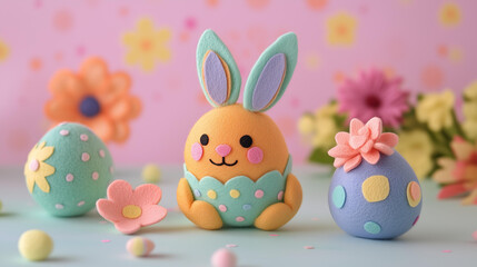 Wall Mural - cute, colorful felt easter eggs and bunny on a pastel background.