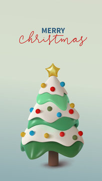 Vector 3d illustration of snowy and decorated Christmas and New Year tree, colorful ornaments, and star, perfect for conveying festive joy and holiday spirit. Handwritten Merry Christmas text