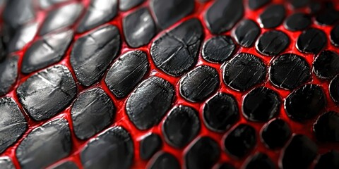 Close up of a snake's skin with red and black spots