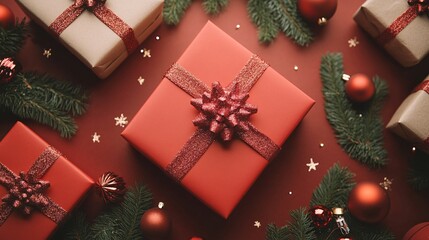 Poster - Christmas gift boxes and ornaments creating festive atmosphere on red background
