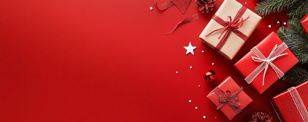 Poster - Christmas gifts, fir tree branches and decorations forming a frame on red background