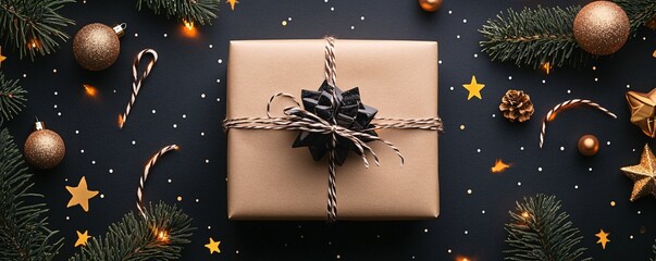 Poster - Christmas gift box decorated with black bow surrounded by golden ornaments and fir branches