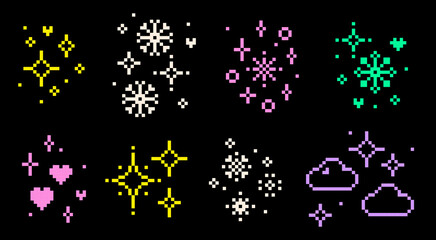 Poster - Y2k pixel winter video game elements set. Cute Christmas icons with snowflake, star, sparkle, heart, crystal and snow designs. Vector bright elements on black background. Magic party light texture