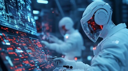 Poster - scientists in futuristic suits analyzing data on advanced technology in a high-tech lab environment