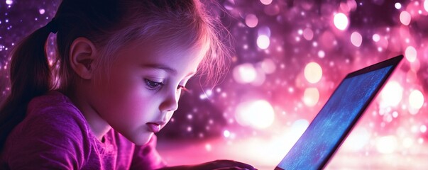 Aufkleber - Little girl using laptop with futuristic hologram light effect