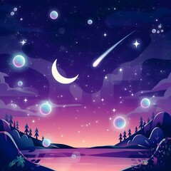 dreamy celestial illustration of the night sky with stars and a crescent moon.
