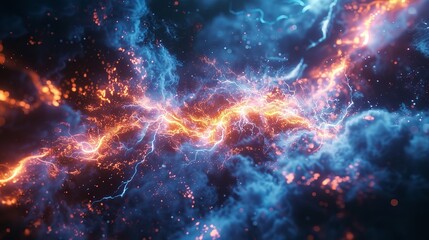 Wall Mural - This photo depicts a striking abstract image of a blue and black background illuminated by multiple lightning strikes
