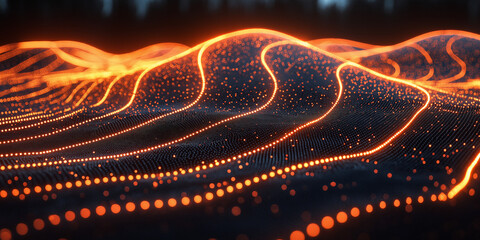 Poster - Vibrant orange-lit dots curve and flow in wave-like patterns on a dark backdrop, forming dynamic lines of luminous data streams ideal for tech, energy, or futuristic visuals.