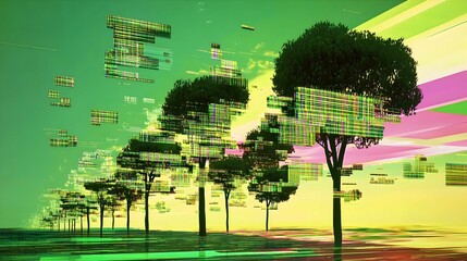 Abstract glitch art landscape with trees. Vibrant colors and digital distortion. Perfect for tech, nature, and design projects.