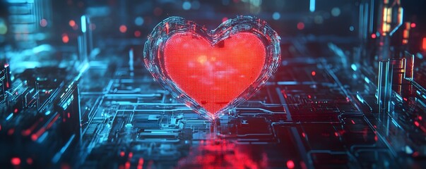 Poster - A digital heart glowing red, surrounded by circuit patterns, symbolizing love and technology. This futuristic representation merges emotion with innovation in a striking visual.