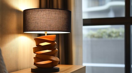 Canvas Print - Modern wooden table lamp with dark fabric shade, illuminated, on wooden nightstand near window.